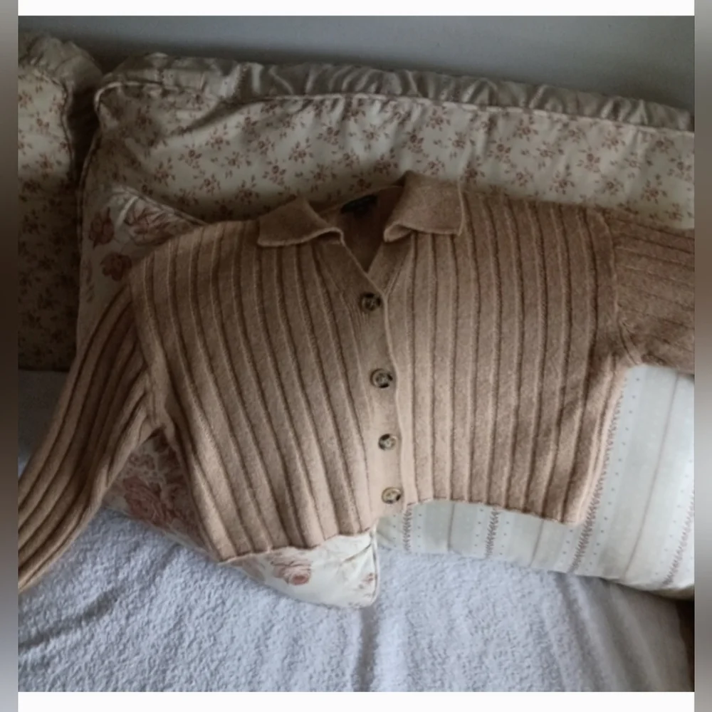 Women's Ribbed Button-Up Sweater - Tan - Picture 2 of 2